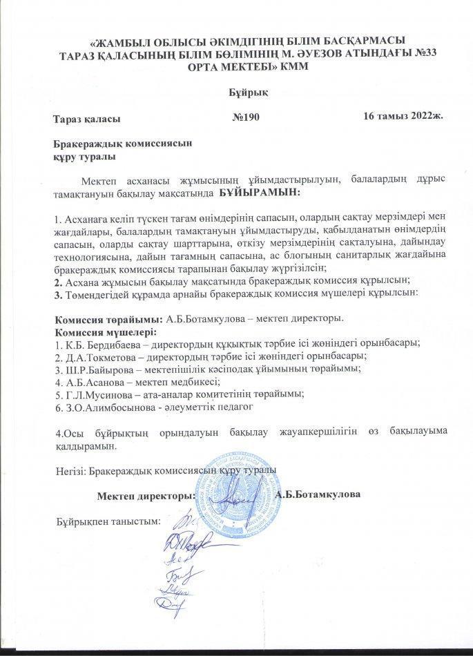 Бракеражды комиссия құру туралы