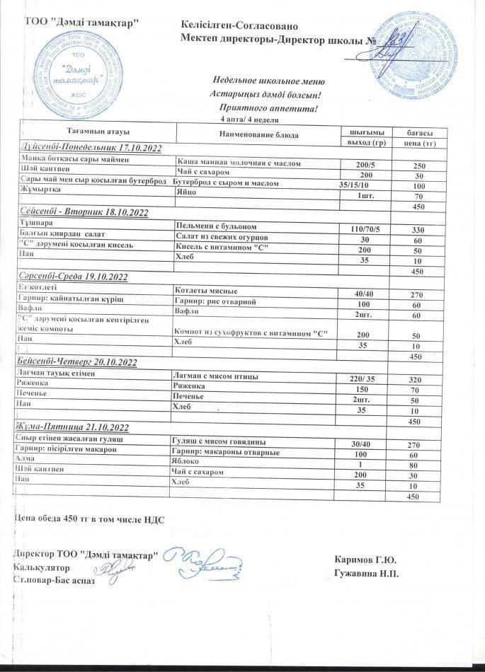 Меню по питанию