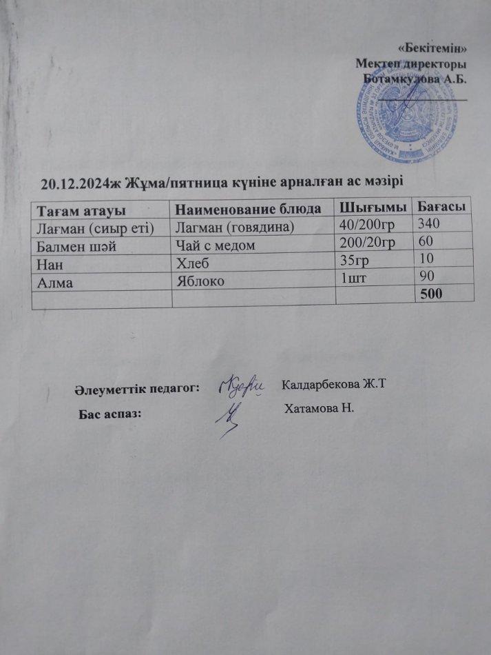 Күндік ас мәзірі 20.12.2024ж