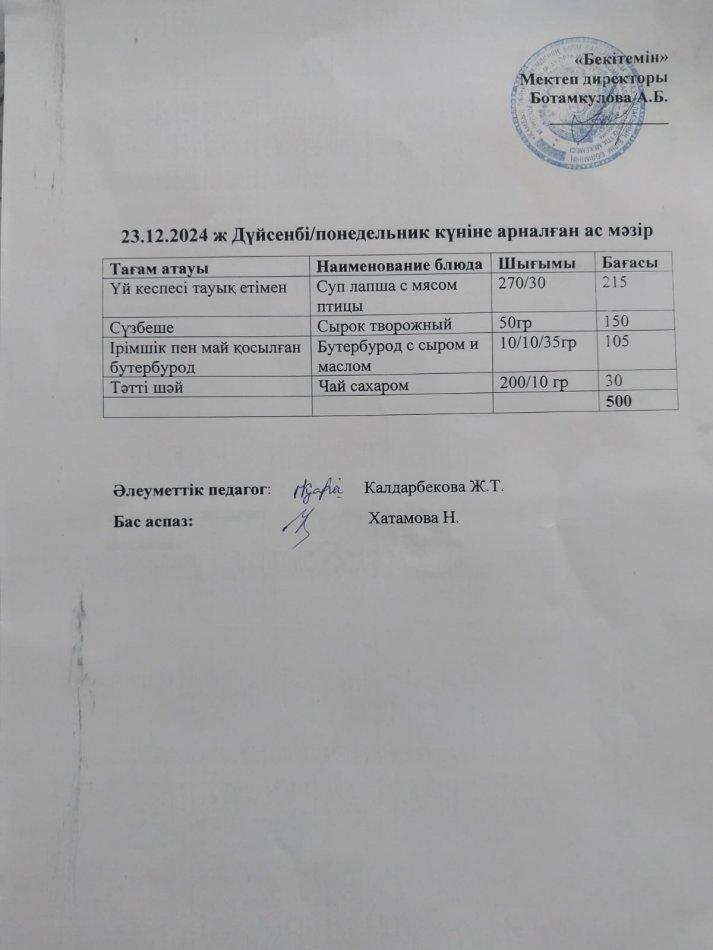 Күндік ас мәзірі 23.12.2024