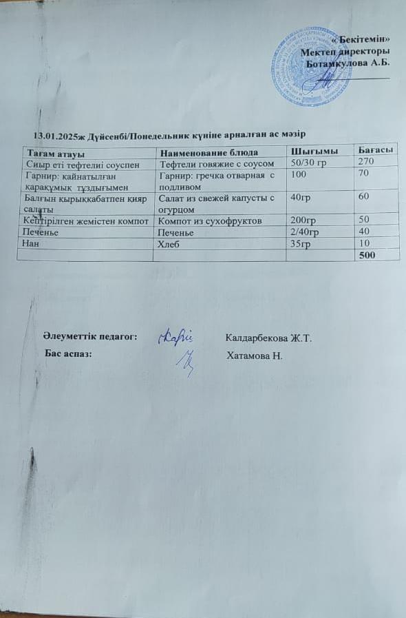 Күндік ас мәзірі 13.01.2025ж