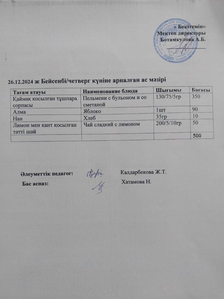 Күндік ас мәзірі 26.12.2024