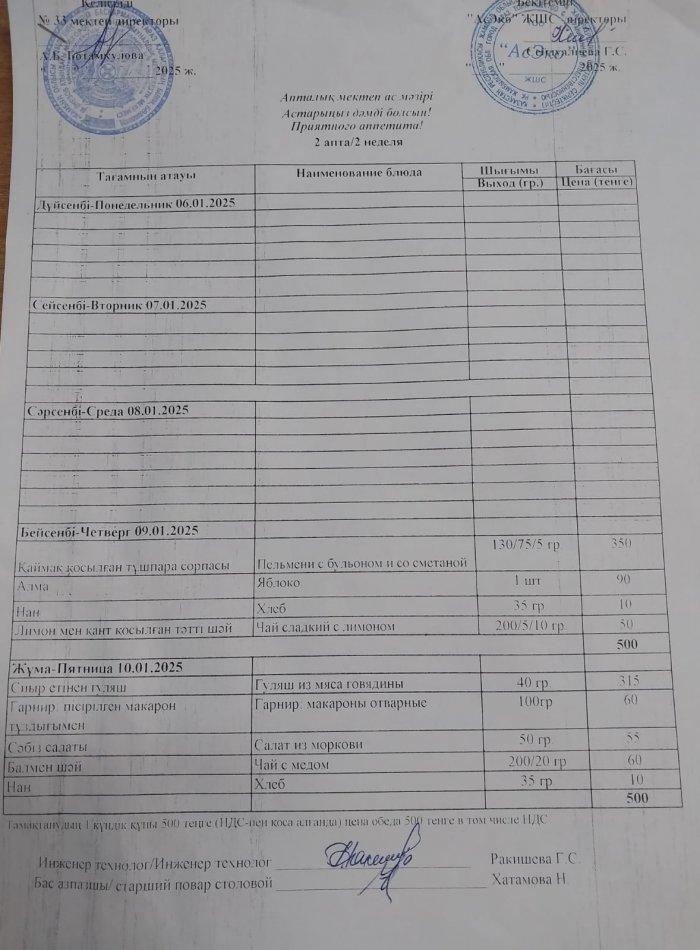 Апталық ас мәзірі 09.01-10.01.2025