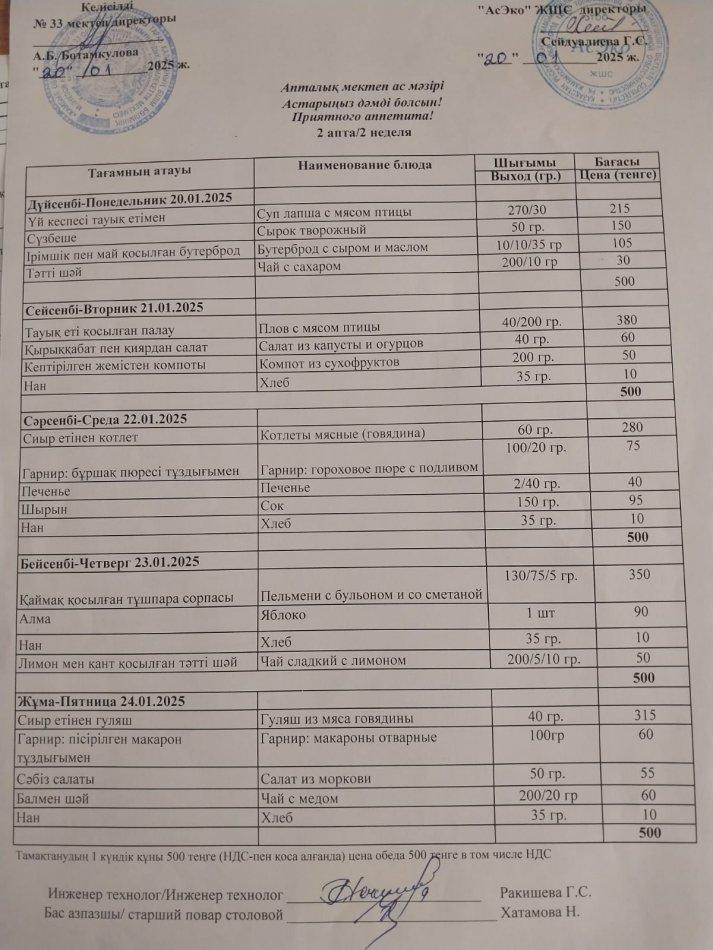 Апталық ас мәзірі 20.01-24.01.2025ж