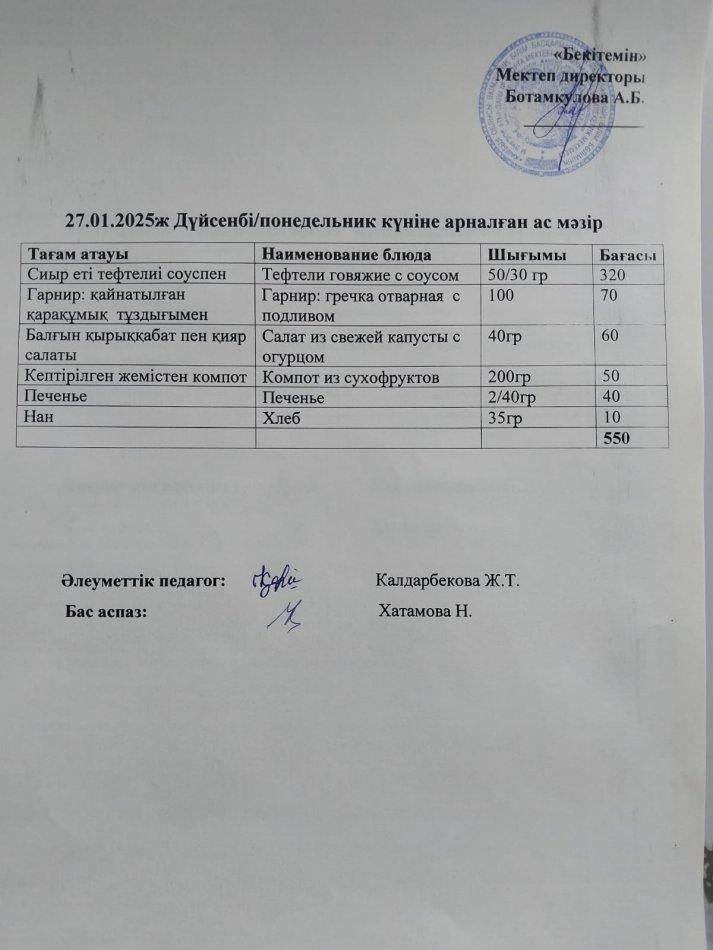 Күндік ас мәзірі 27.01.2025