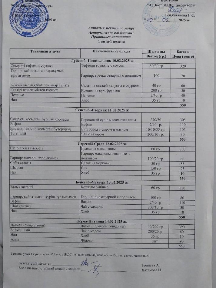 Апталық ас мәзірі