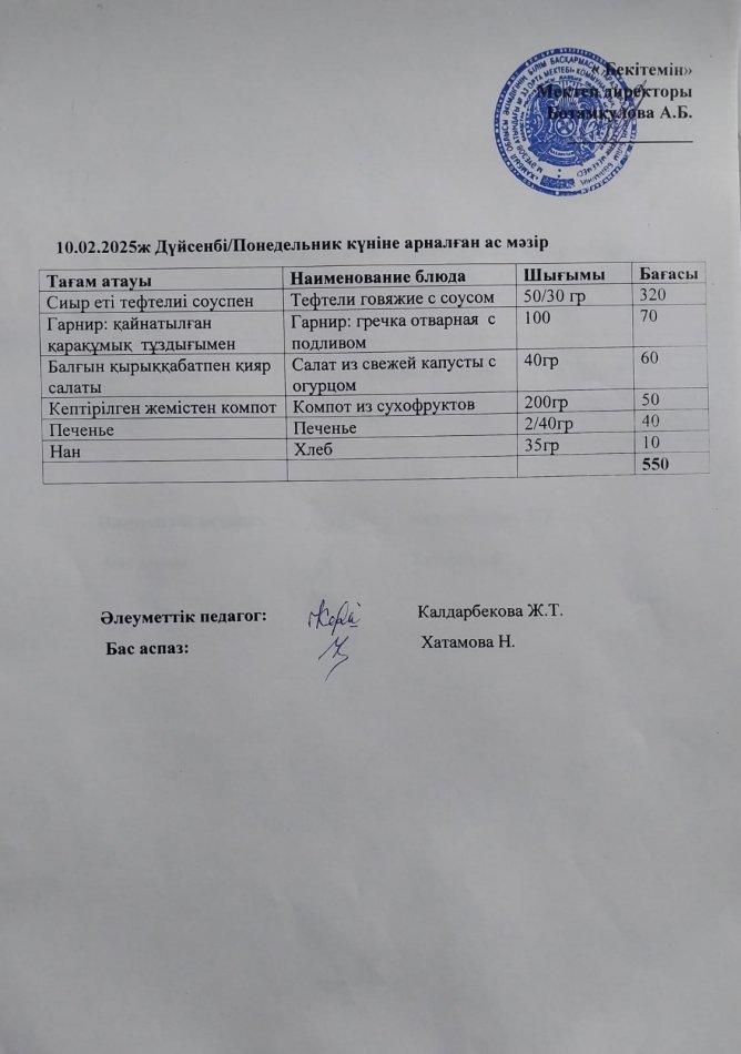 Күндік ас мәзірі 10.02.2025