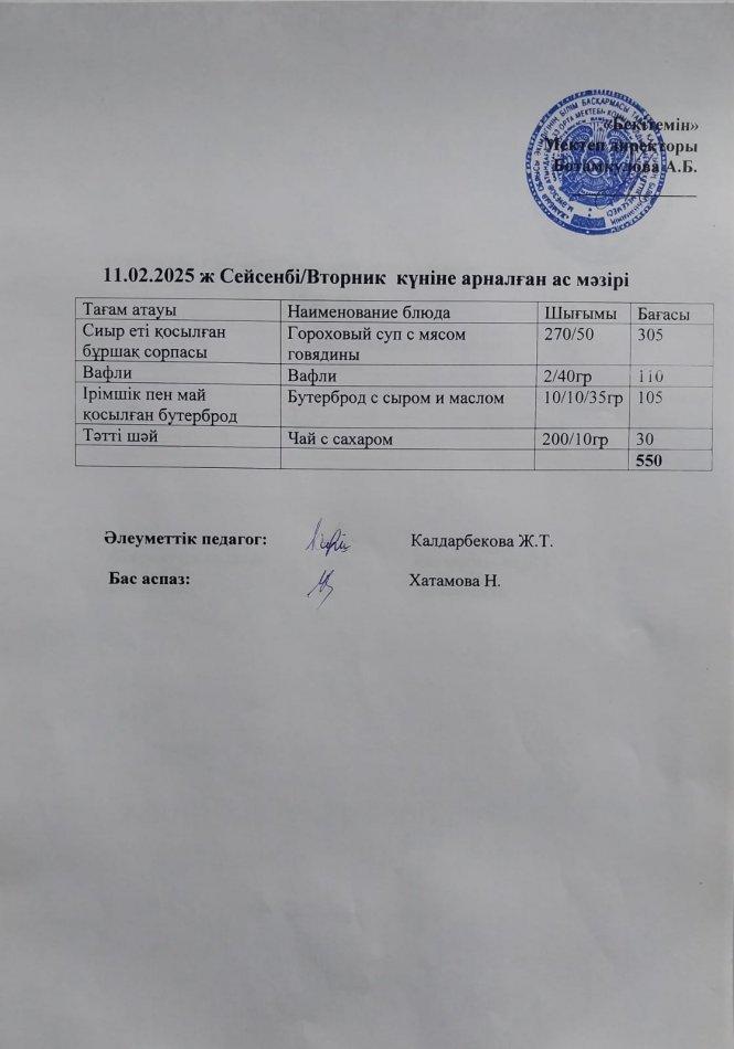 Күндік ас мәзірі 11.02.2025