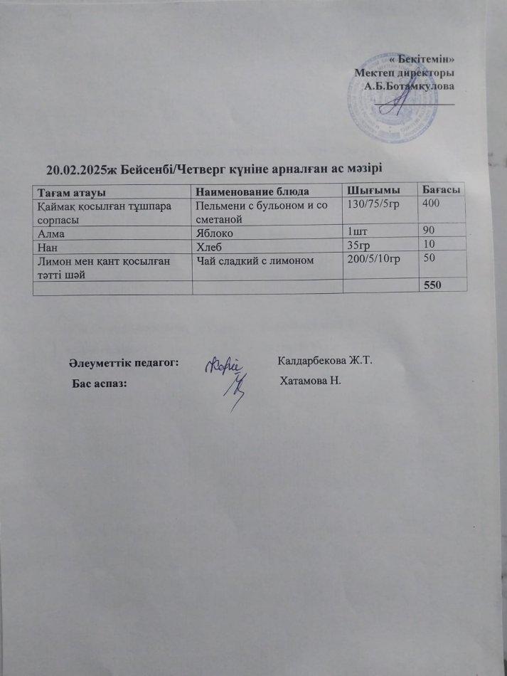 Күндік ас мәзірі  20.02.2025ж