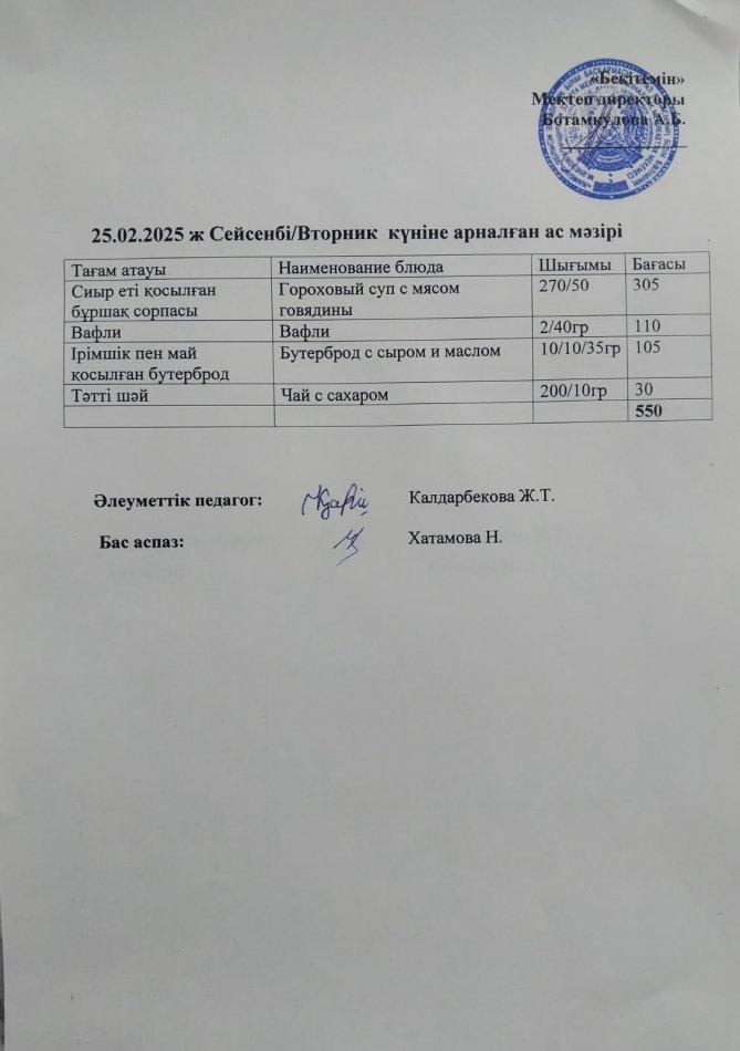 Күндік ас мәзірі 25.02.2025