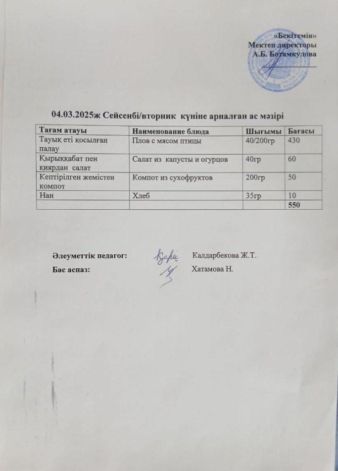 Күндік ас мәзірі 04.03.2025ж