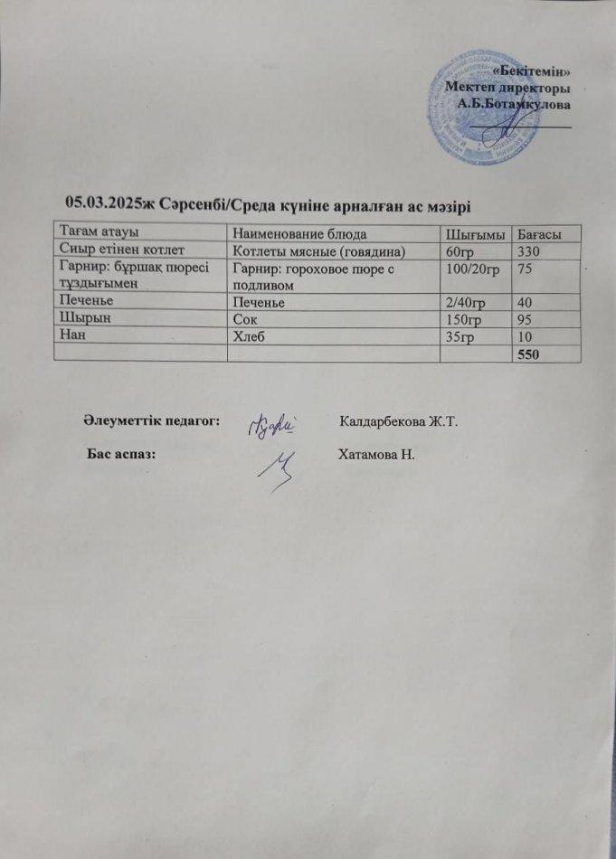 Күндік ас мәзірі 05.03.2025ж