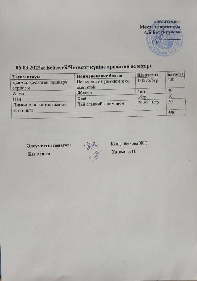 Күндік ас мәзірі 06.03.2025ж