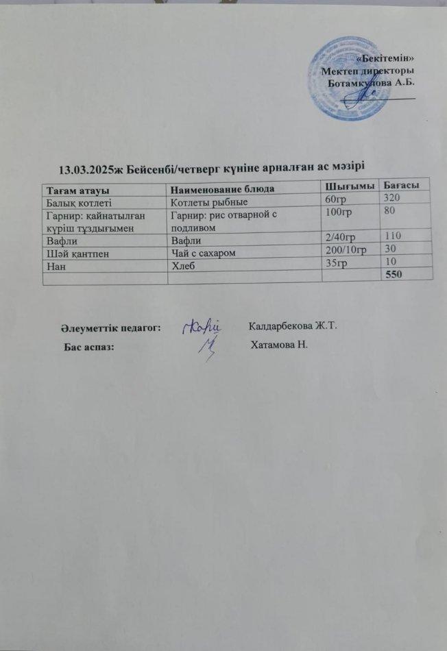 Күндік ас мәзірі 13.03.2025ж