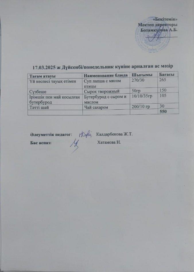 Күндік ас мәзірі 17.03.2025ж