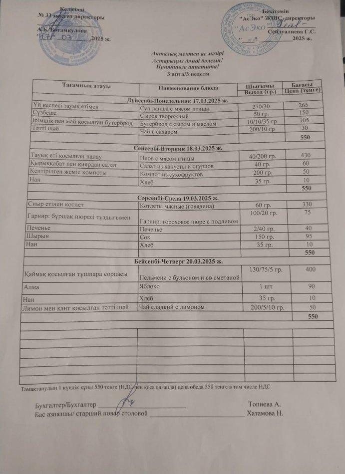 Апталық ас мәзірі 17.03.-20.03.2025ж