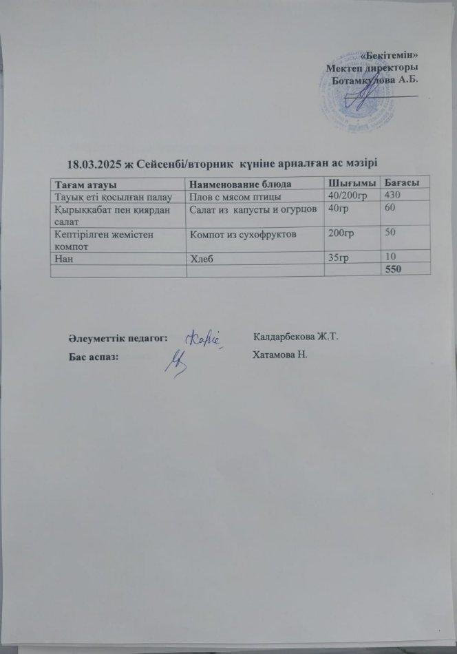 Күндік ас мәзірі 18.03.2025