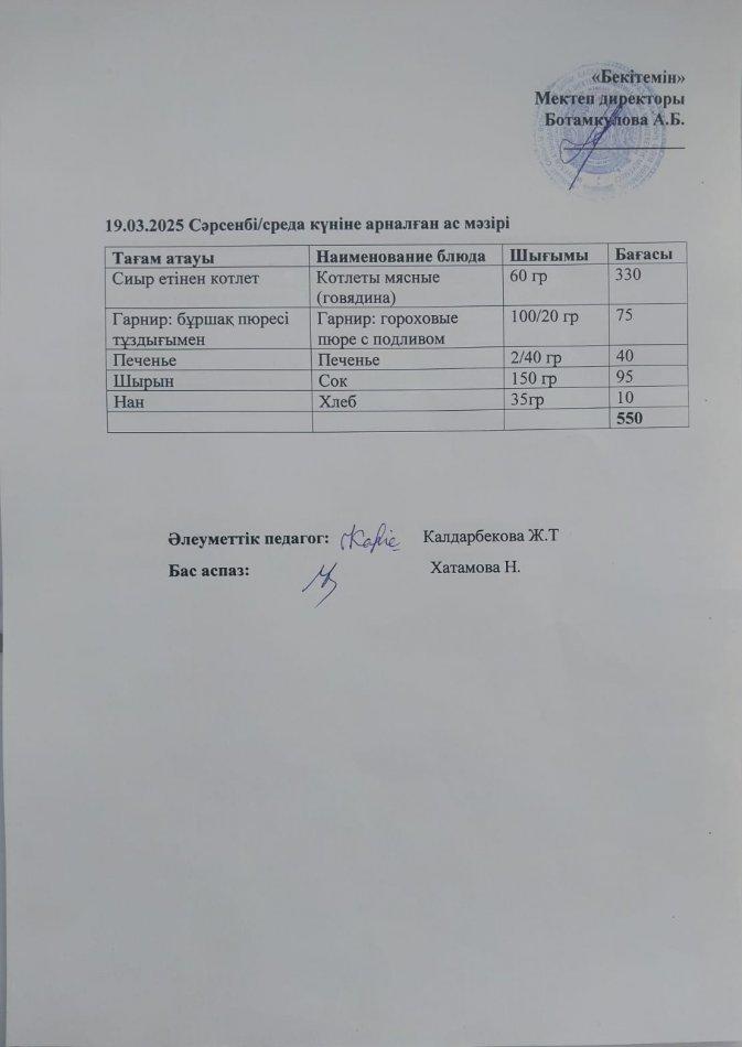 Күндік ас мәзірі 19.03.2025