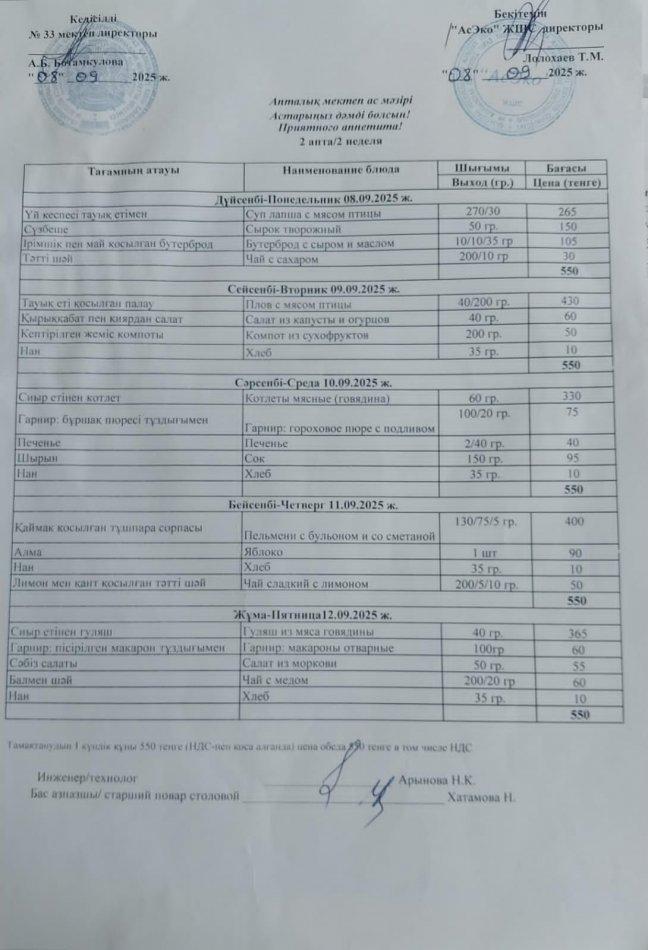Апталық ас мәзірі 08.09-12.09.2025ж