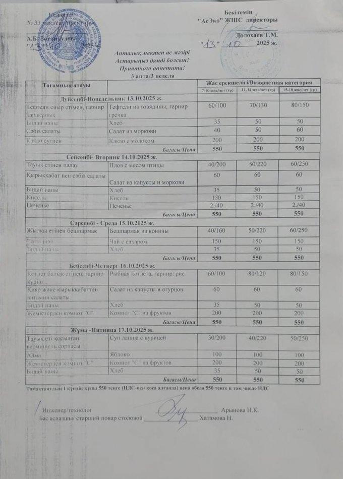 Апталық ас мәзірі 13.10-17.10.25