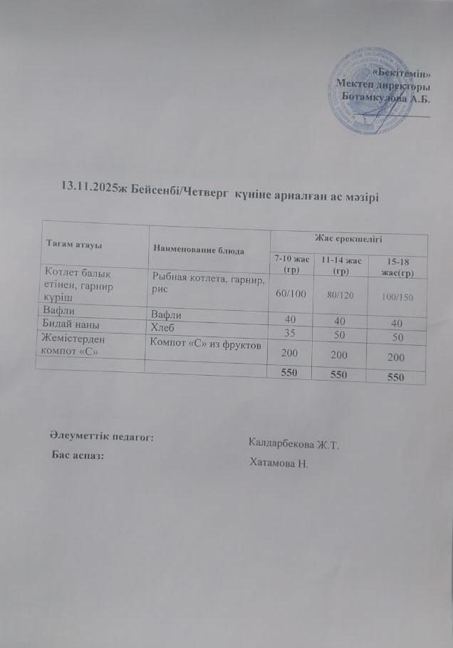 Күндік ас мәзірі 13.11.2025ж