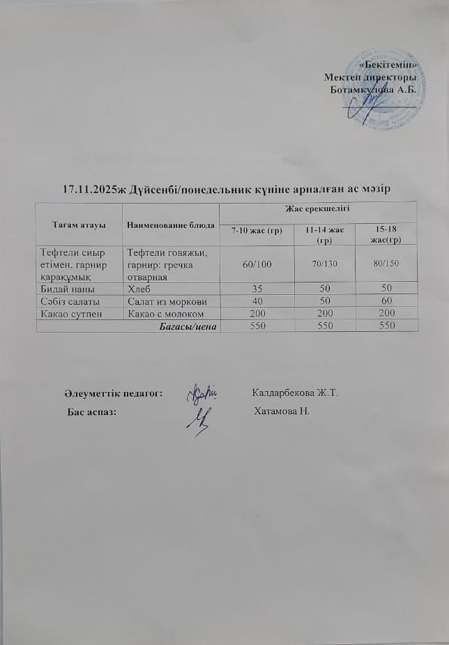 Күнделік ас мәзірі 17.11.2025ж