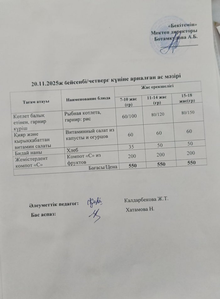 Күндік ас мәзірі 20.11.2025