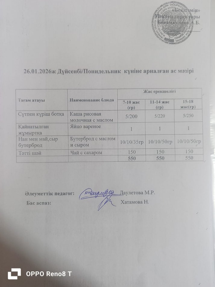 Күндік ас мәзірі 26.01.2026