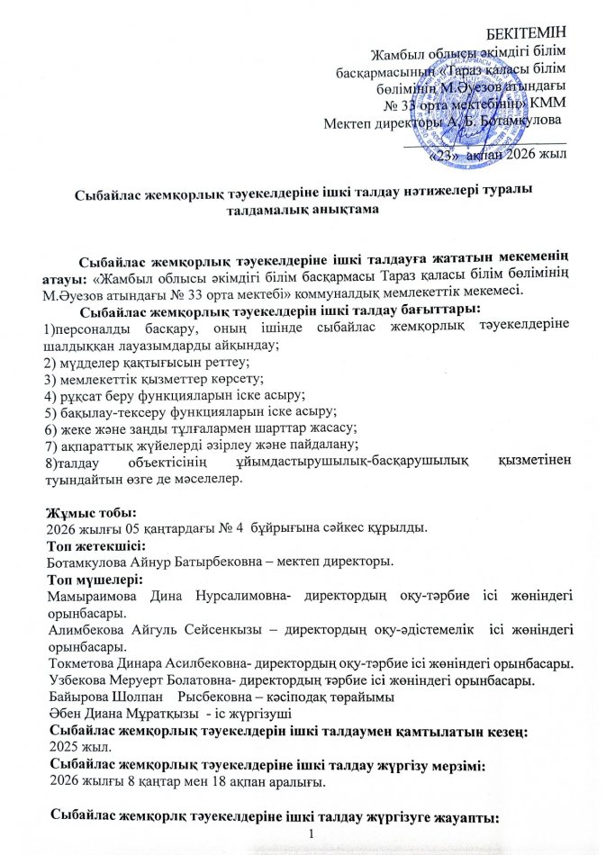 Сыбайлас жемқорлық тәуекелдеріне ішкі талдау