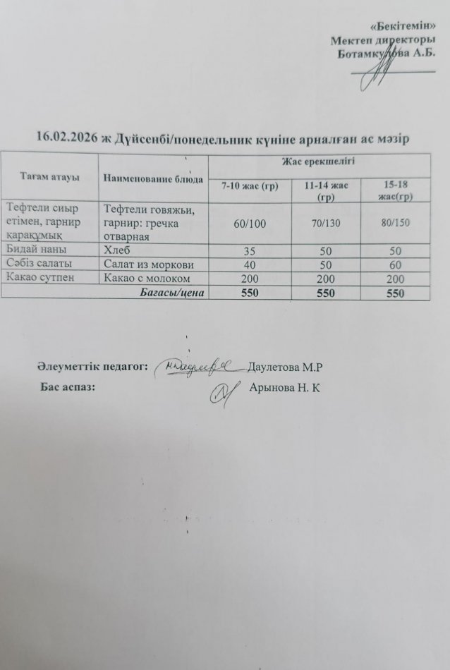 Күнделікті ас мәзірі 16.02.2026