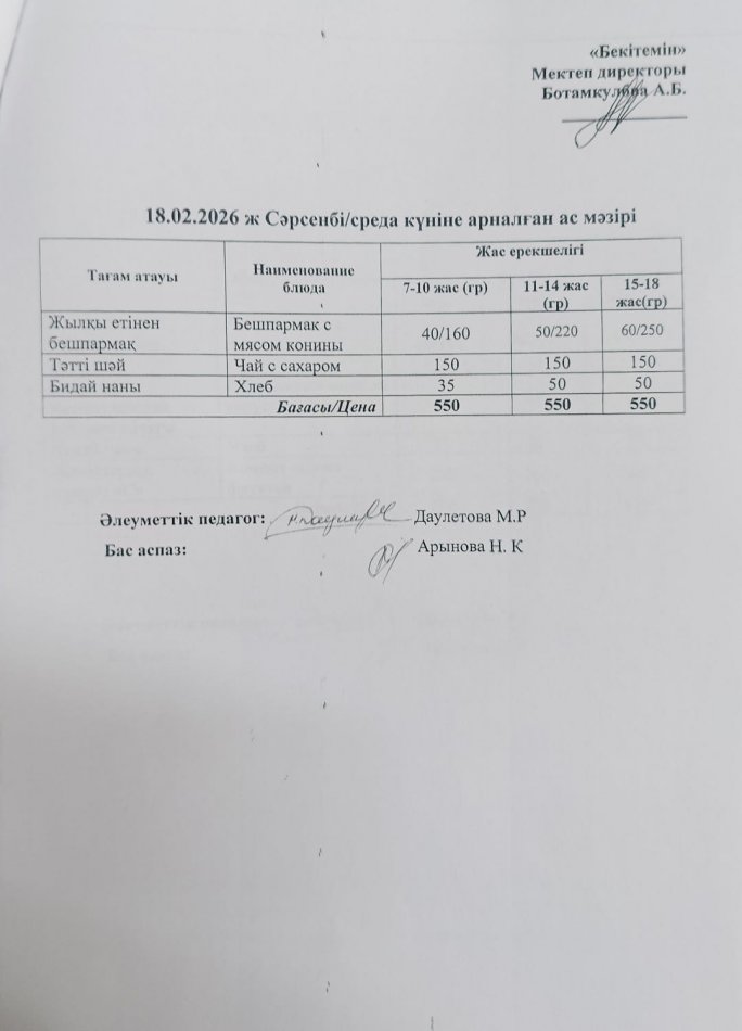 Күделікті ас мәзірі 18.02.2026