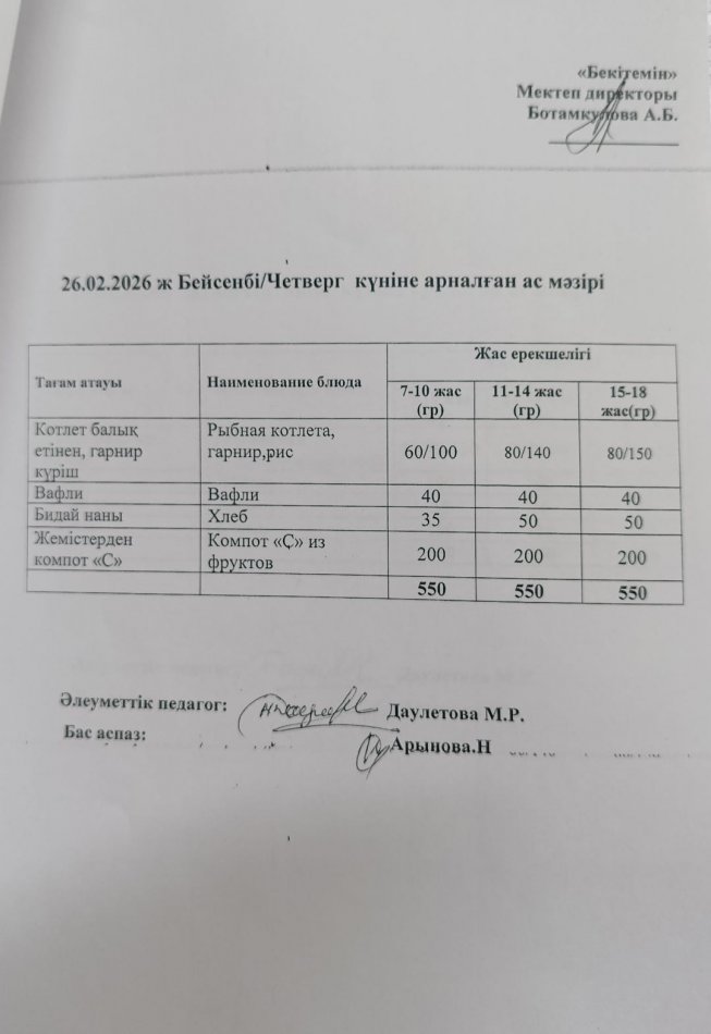 Күнделікті ас мәзірі 26.02.2026