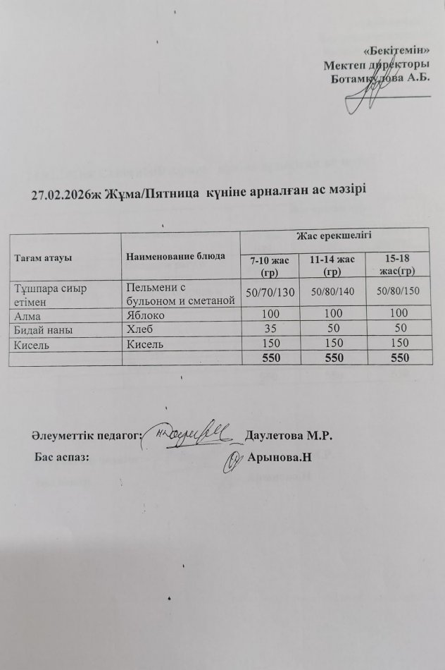 Күнлелікті ас мәзірі 27.02.2026