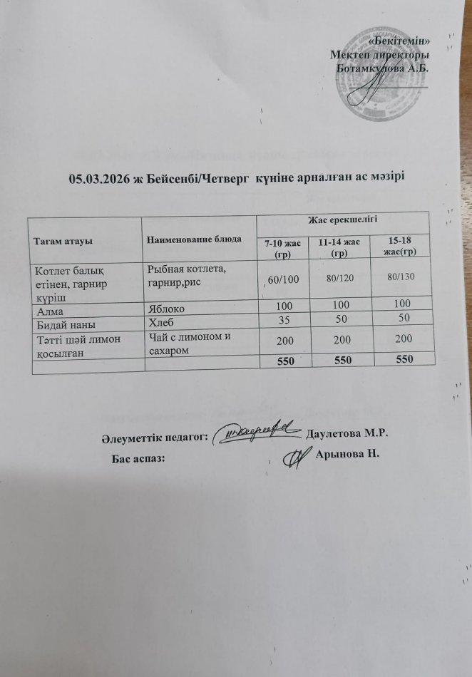Күнделікті ас мәзірі 05.03.2026