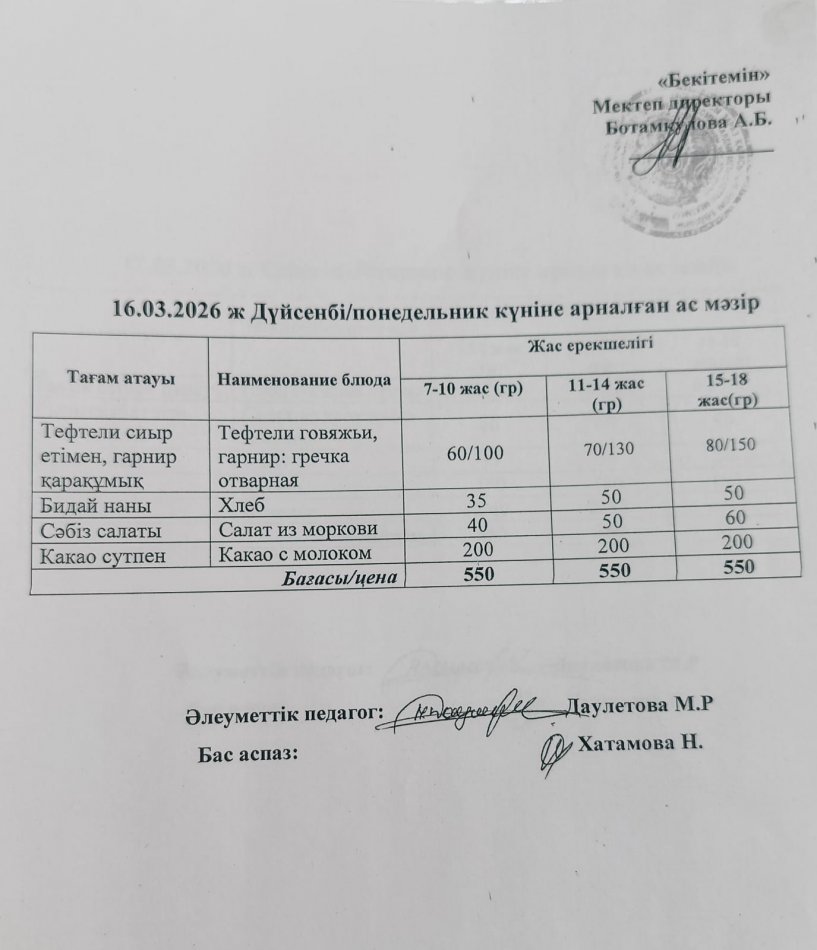 Кунделікті ас мәзірі 16.03.2026