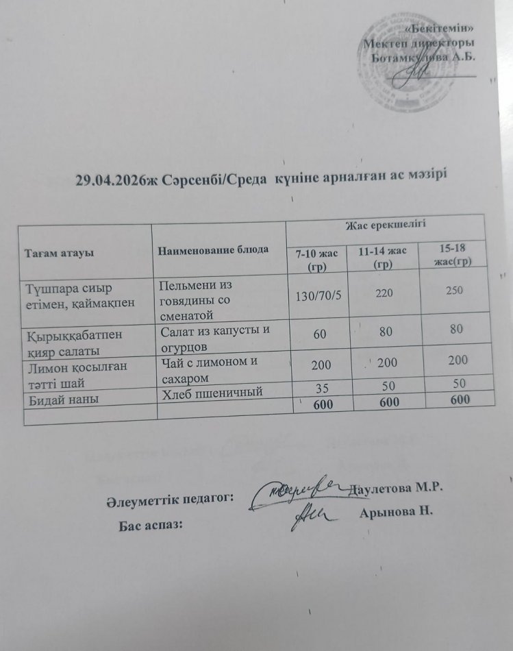 Күнделікті ас мәзірі 29.04.2026
